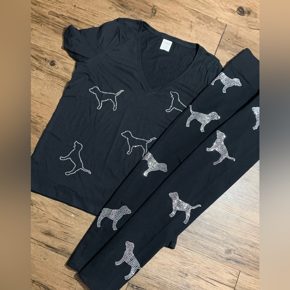 PINK VS RHINESTONE V NECK DOGGIE TSHIRT/ LEGGINGS OUTFIT SET L - Picture 2 of 12